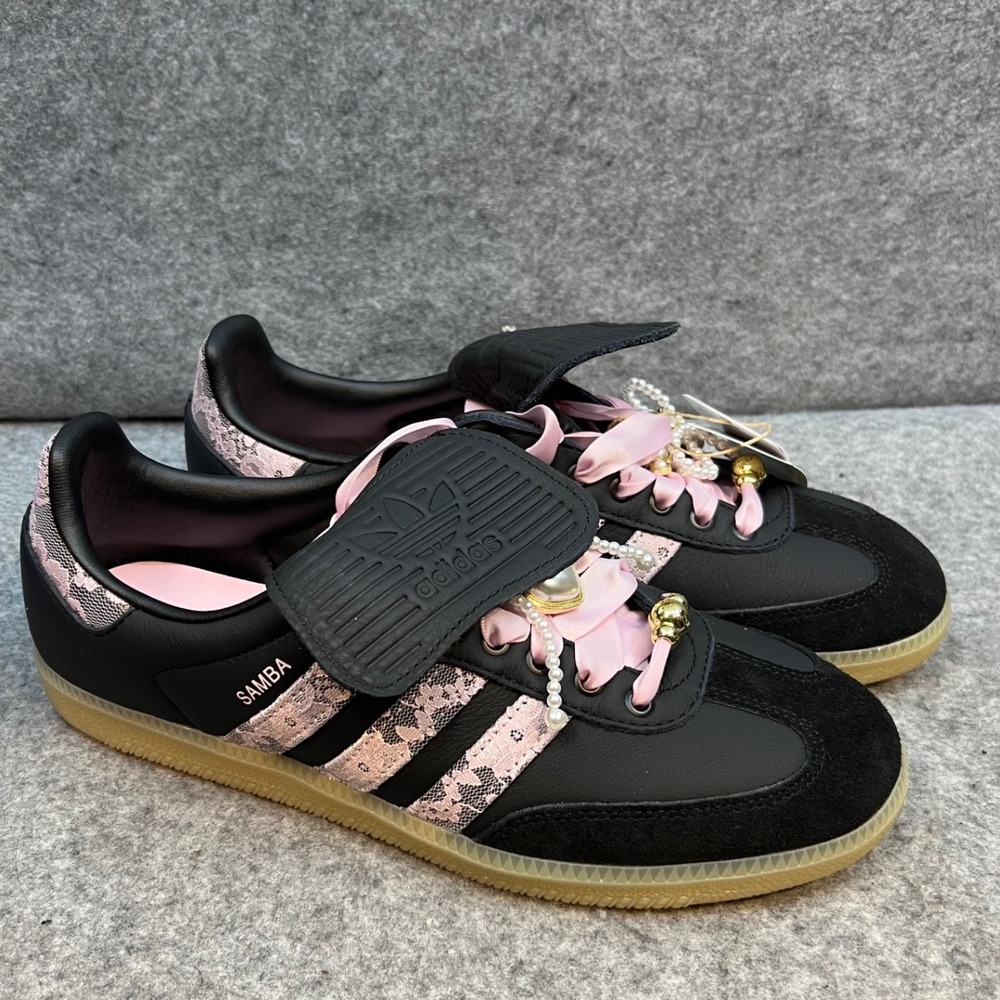 Adidas Samba LT Women's Black Pink Lace Pearls Heart Charm Sneakers Size 9.5